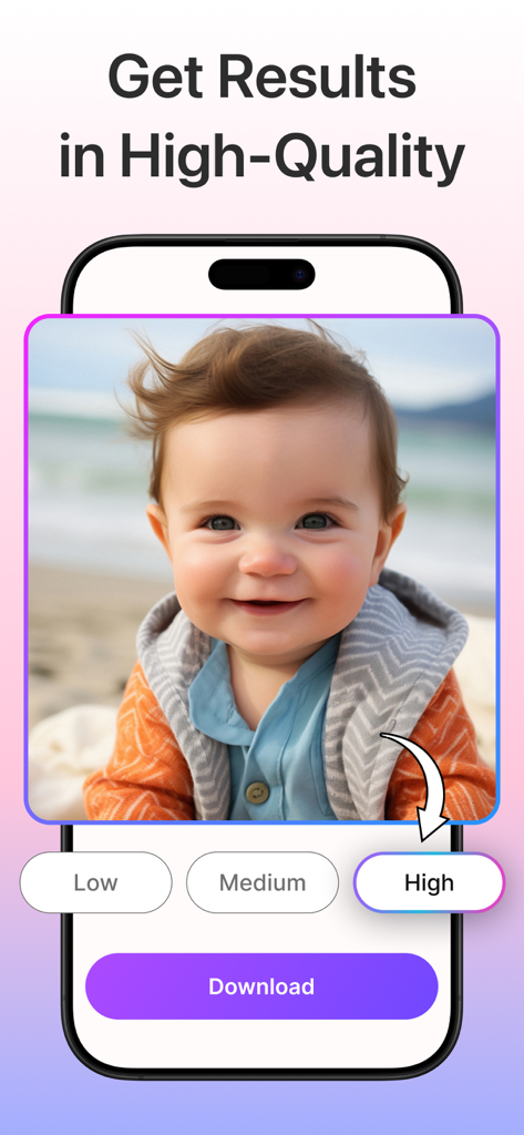 AI generated baby face result on a mobile phone screen with quality selection buttons and a download button