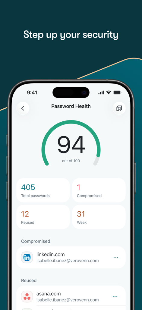 Dashlane app interface showing a password health score of 94 and security breakdown for saved accounts