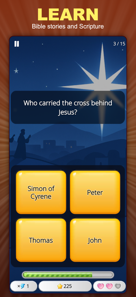 Bible Quiz: Trivia Game - A Bible trivia quiz game screen showing a multiple choice question about who carried the cross behind Jesus.