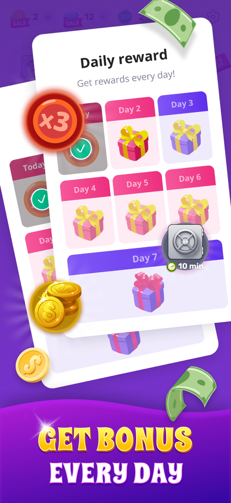 Bingo Lotto－Lucky Lottery Card - Daily reward screen showing a 7 day calendar with gift boxes and coins for logging in daily