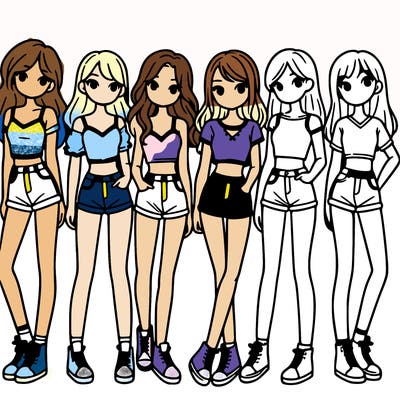 a group of girls wearing crop tops and shorts