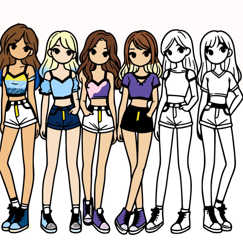 a group of girls wearing crop tops and shorts