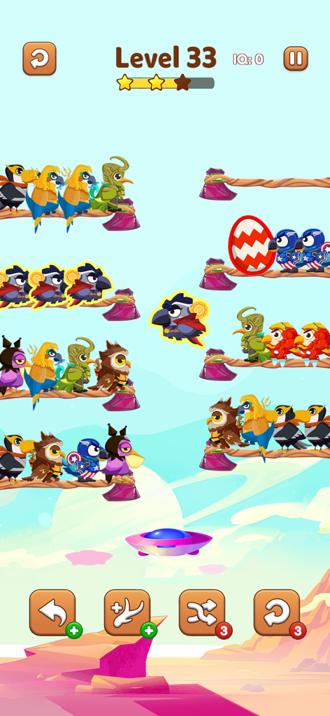 Bird Sort 2 Color Puzzle Game - Mobile gameplay of Bird Sort 2 showing costumed birds perched on branches during level 33