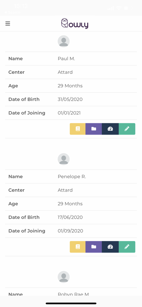 Owly Childcare - Owly app interface showing a list of children profiles with details like name age and childcare center