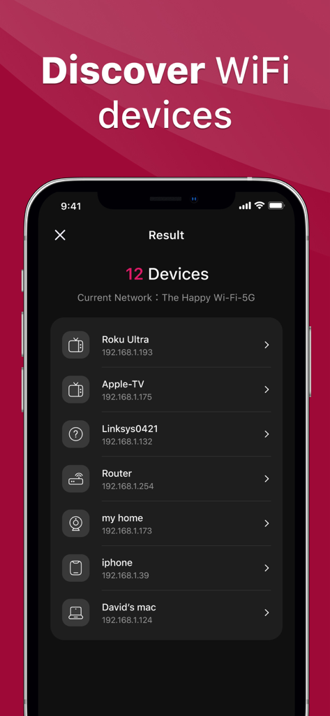 A mobile app screen showing a list of discovered WiFi devices including Roku Ultra and Apple TV for remote control pairing.