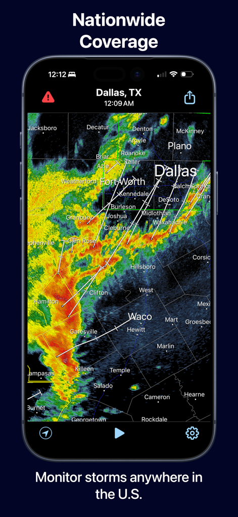 Radar Pro X - Radar Pro X app interface displaying live storm tracking and NEXRAD radar coverage for Dallas Texas