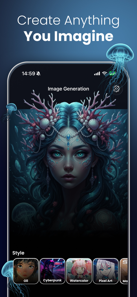 Stable Diffusion-AI Generator - Stable Diffusion app interface showing an AI generated portrait of a mystical woman with various art style options