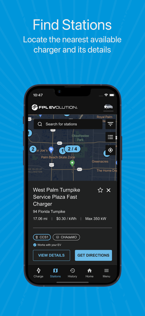 The FPL EVolution app map interface displaying electric vehicle charging station locations and details in Florida.