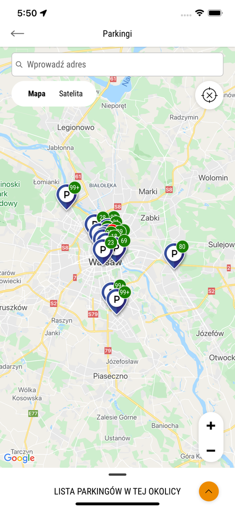 Warszawa 19115 - 바르샤바 19115 모바일 앱 내 이용 가능한 주차 공간을 보여주는 바르샤바 지도 보기