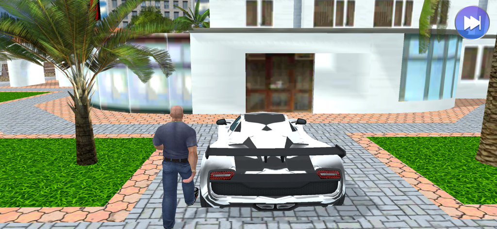 Officer Police Games:Patrol 3D - 3D character walking toward a white sports car in a city street