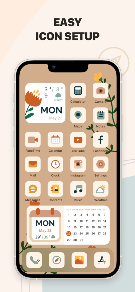 Aesthetic Themes - Preppy Kit - iPhone home screen featuring customized preppy aesthetic icons and widgets in a tan floral theme