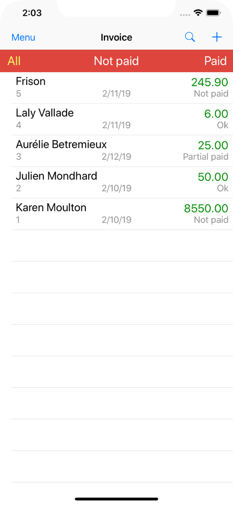 Invoice Pro. - Invoice list screen showing payment status and amounts.