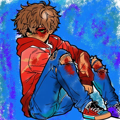 a male hoddie ripped jeans messy hair anime