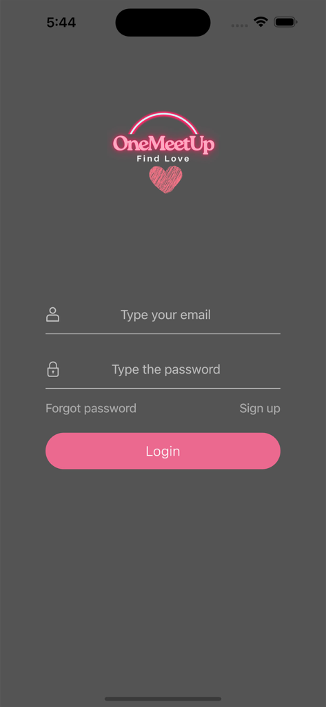 OneMeetUp Dating app:Chat&Date - Pantalla de inicio de sesión de la aplicación de citas OneMeetUp con campos para correo electrónico y contraseña