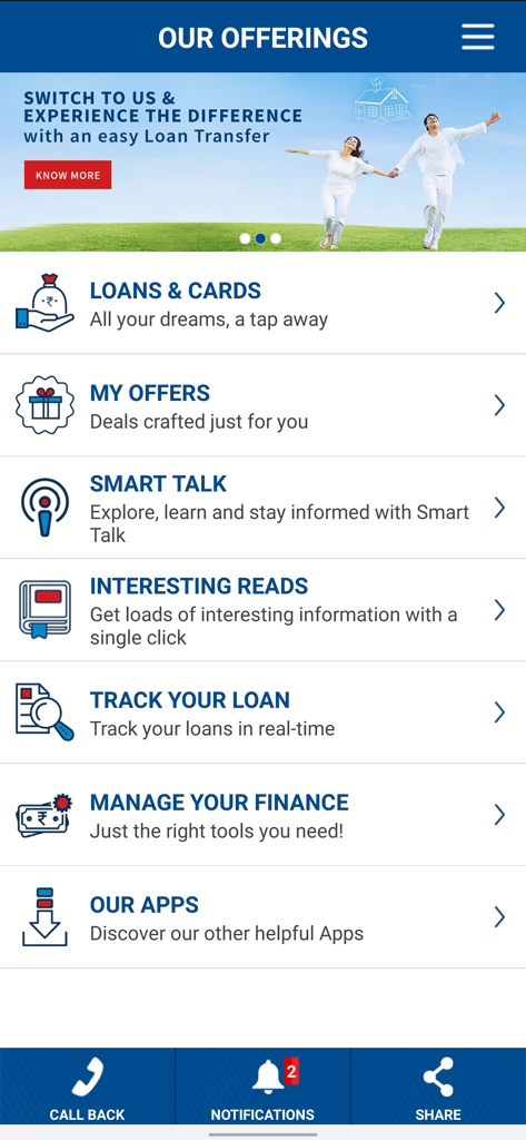 Interface of the HDFC Loan Assist app displaying various loan and financial management options