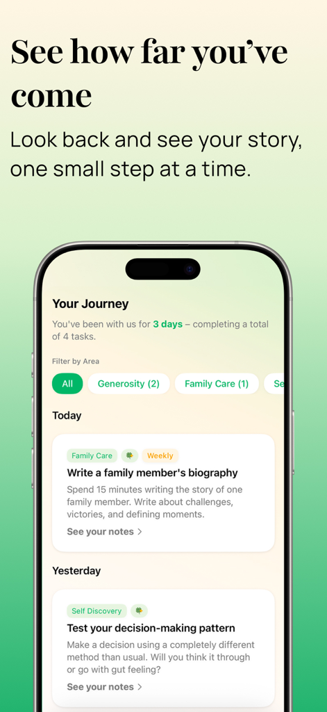 noorish: reconnect with life - Smartphone screen showing the Your Journey section of the noorish app with mindful activity logs and daily tasks.