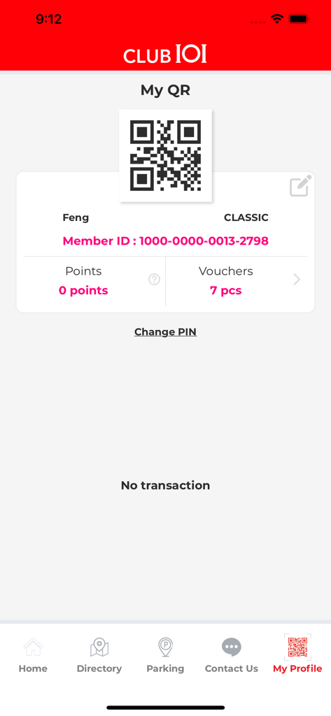 CLUB IOI - CLUB IOI app user profile screen showing a membership QR code points and vouchers
