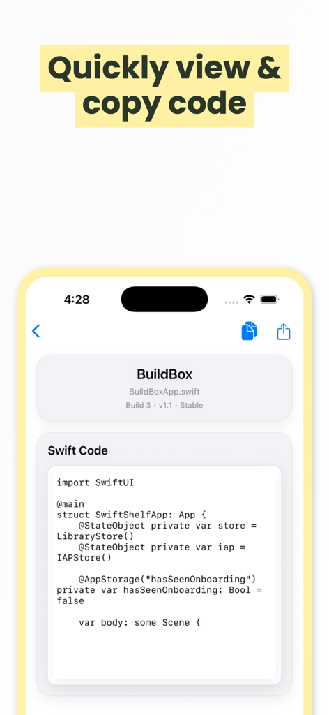 BuildBox - BuildBox app interface showing a Swift code snippet with a copy button for developers.