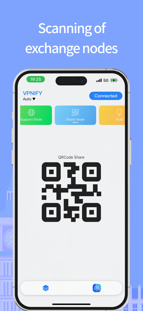 VPN FIy - 네트워크 노드 공유를 위한 QR 코드를 표시하는 모바일 앱 인터페이스.