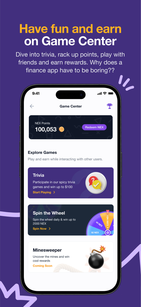 Peer - the everything app. - Peerアプリのゲームセンターインターフェース。トリビアと報酬ポイントが表示されています。