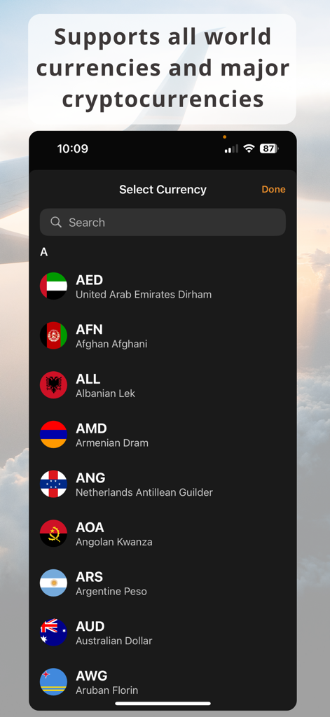 Mobile app interface showing a searchable list of world currencies with their flags and names