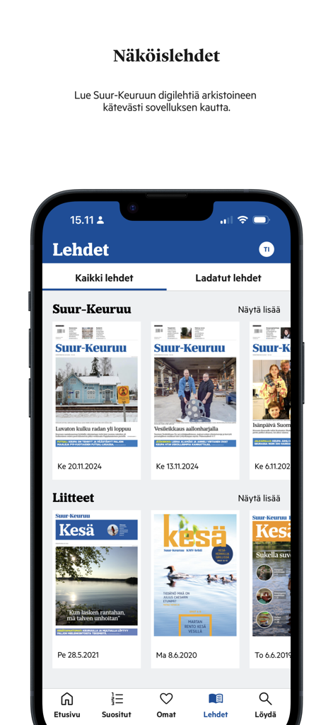 Suur-Keuruu - Mobile app interface of Suur-Keuruu displaying digital newspaper replicas and archives
