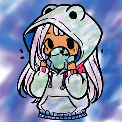 a girl holding a froggy hoodie