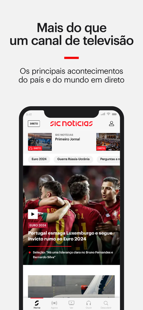 SIC Notícias - Interface do aplicativo móvel SIC Noticias exibindo notícias portuguesas e opções de TV ao vivo.