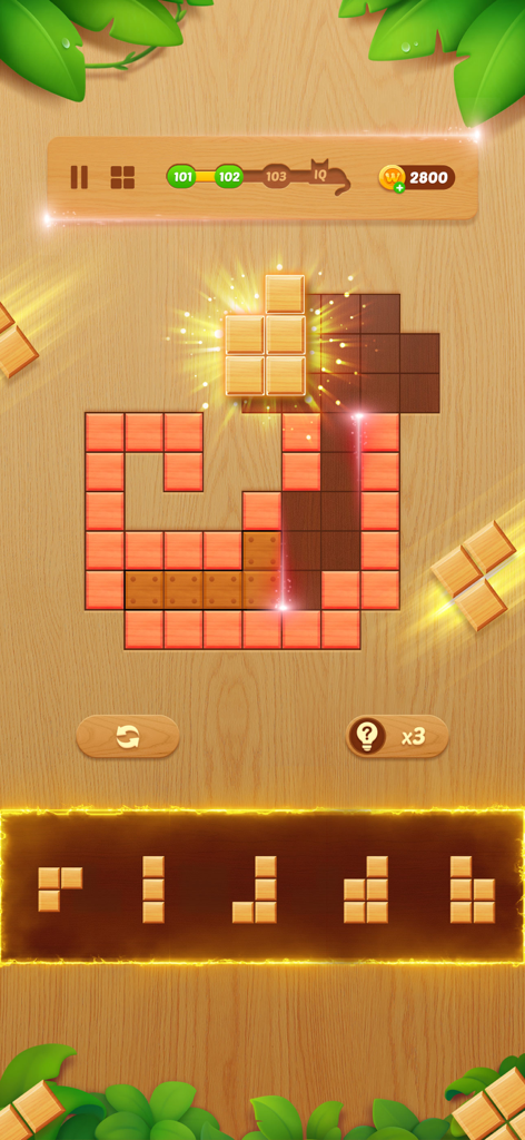 Block Crush: Wood Block Puzzle - A wood block jigsaw puzzle game screen showing a cat shape silhouette being filled with wooden blocks