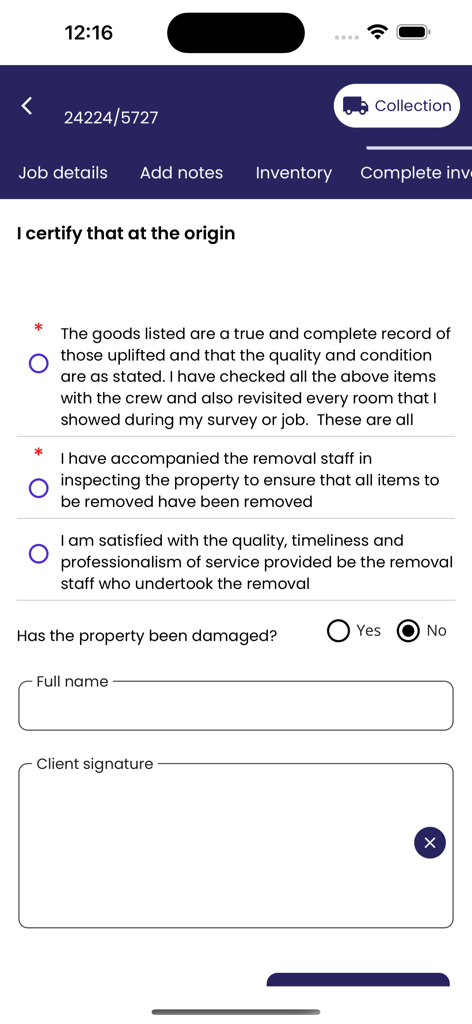 Client certification and digital signature interface for moving inventory