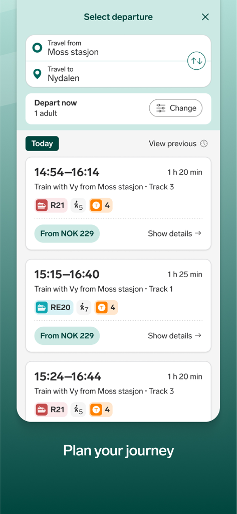 Vy - Pantalla del planificador de rutas en la aplicación Vy que muestra las salidas de tren y transporte en Noruega
