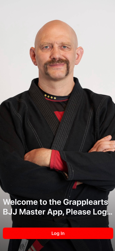 BJJ Master App by Grapplearts - Stephan Kesting welcome screen for the Grapplearts BJJ Master App with a log in button