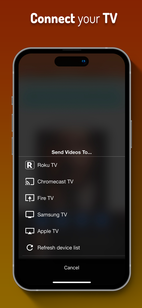 iWebTV PRO app interface showing the menu to connect and cast videos to various smart TVs and streaming devices
