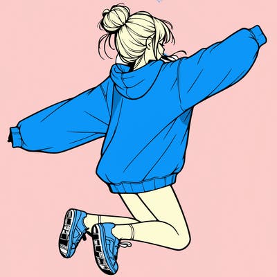 realistic girl jumping with a bun and oversized sweatshirt
