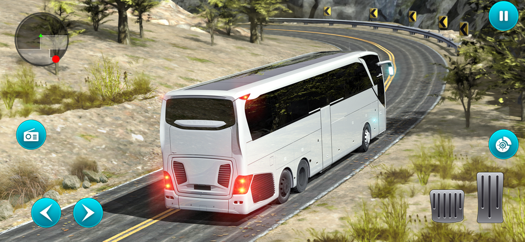 World Tour Bus Simulator 2024 - A white tour bus driving on a winding mountain road in the World Tour Bus Simulator game.