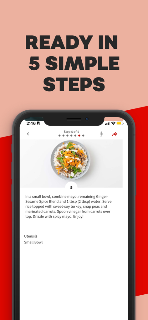 Chefs Plate: Easy Meal Planner - Chefs Plate mobile app screen showing a healthy rice bowl recipe ready in 5 simple steps