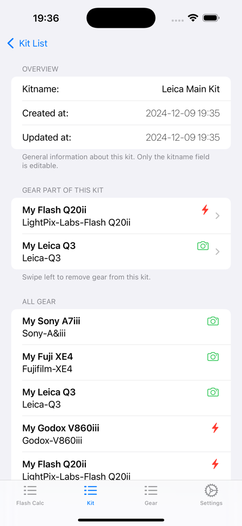Manual Flash Calculator - Interface of the manual flash calculator app showing a list of photography gear organized into a custom kit