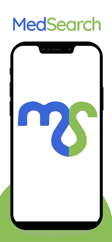 MedSearch medical app launch screen displaying the blue and green logo on a smartphone