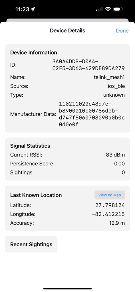 RF Aware - Device details screen in the RF Aware app showing technical information signal statistics and last known location for a detected signal