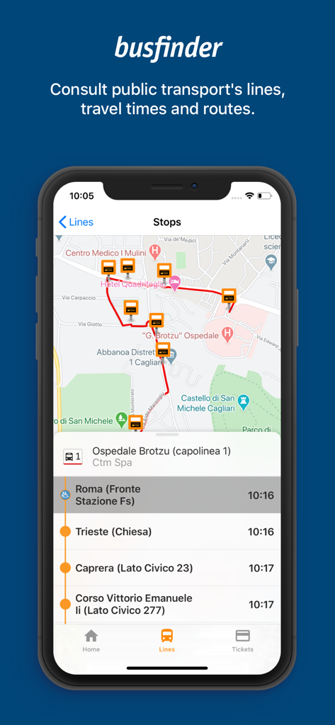 CTM BusFinder - CTM BusFinder app interface showing a bus route map and stop arrival times in Cagliari Italy