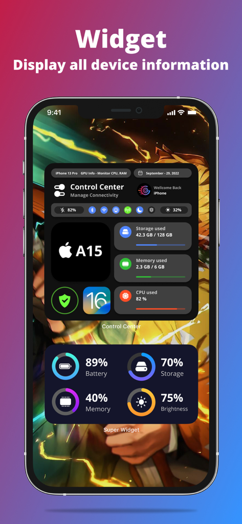 G-CPU:Monitor CPU, RAM, Widget - G-CPU mobile app widgets displaying CPU RAM battery and storage usage on an iPhone