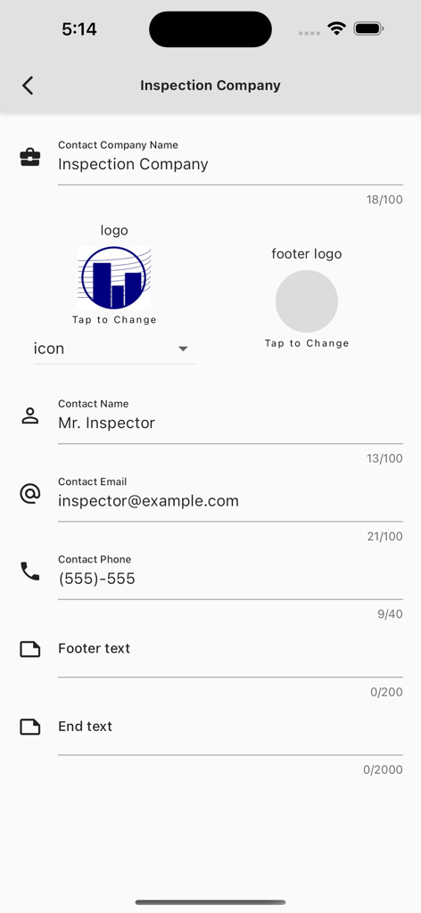 Report and Run - Pantalla de configuración de la información de la empresa en la aplicación Report and Run para la personalización de la marca de los informes PDF