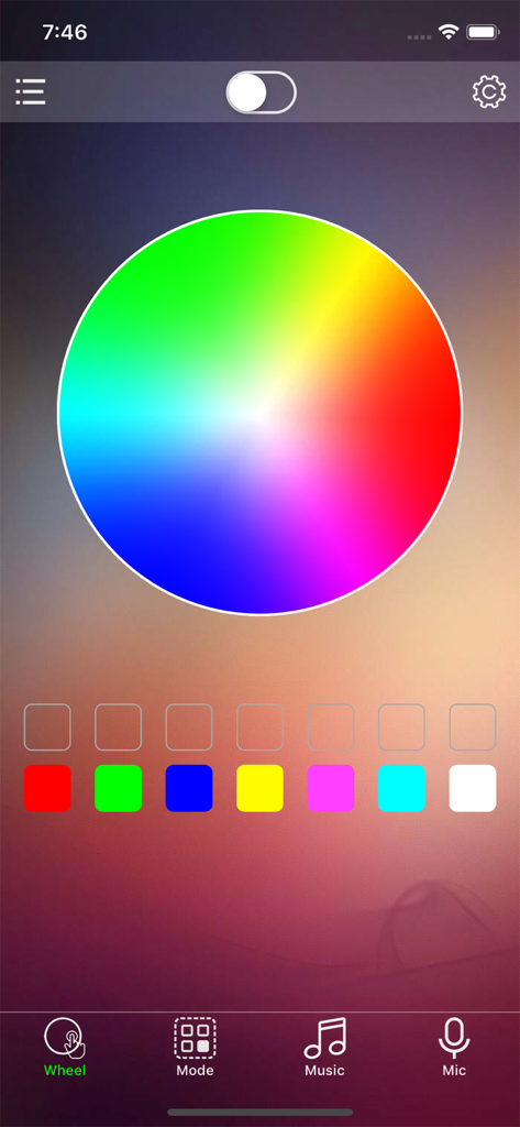 BLEDIM2 - Ecrã da aplicação BLEDIM2 mostrando uma grande roda de cores RGB e amostras de cores predefinidas para personalização inteligente de luzes LED.