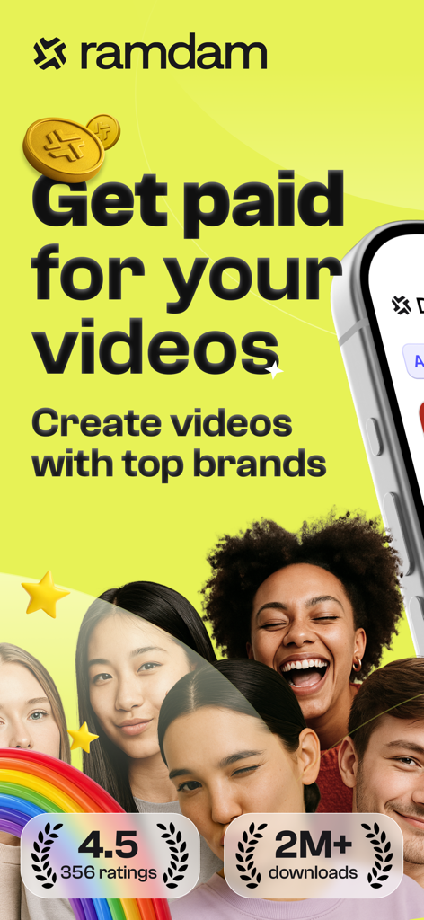 Pantalla promocional de la app Ramdam con jóvenes creadores de contenido y el texto Cobra por tus videos