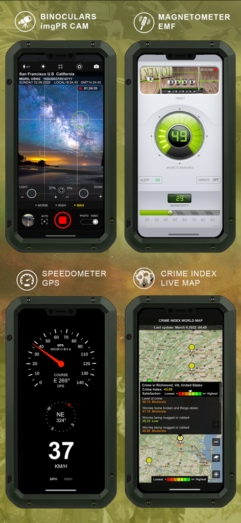 Military GPS Survival Kit - Interface screenshots of Military GPS Survival Kit showing binoculars magnetometer speedometer and crime index live map