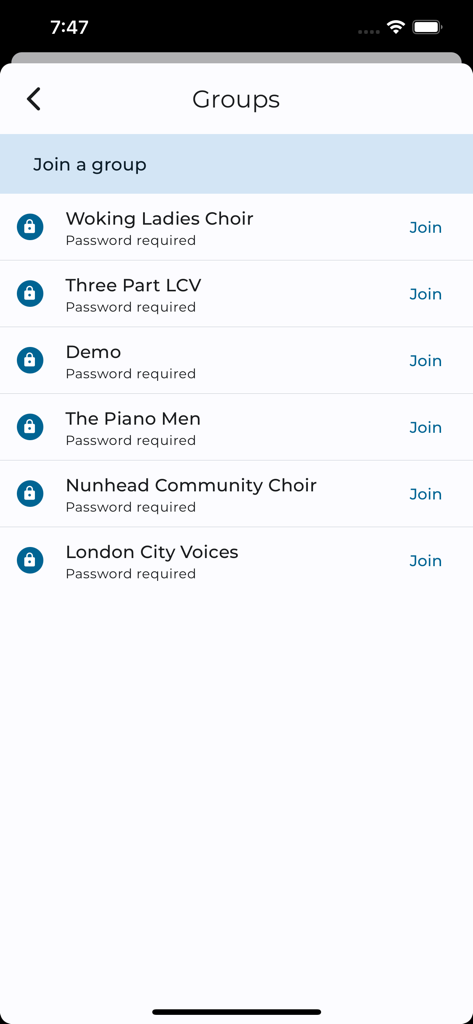 A list of password-protected choir groups to join within the Choir app