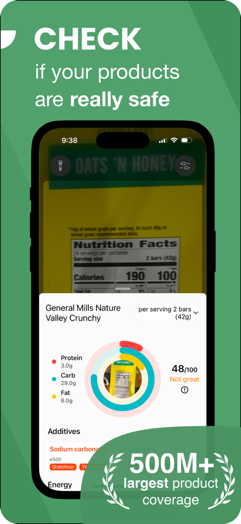 OneLabel: Product Scanner - Smartphone screen showing the OneLabel app scanning a food label to check for ingredient safety and nutritional scores.