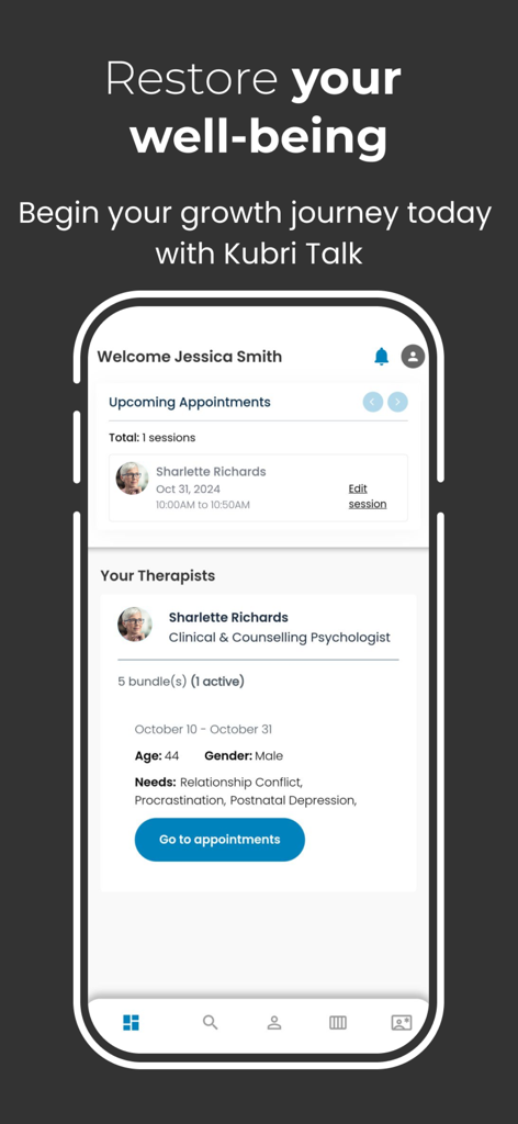 Kubri Talk app dashboard showing upcoming therapy appointments and therapist details