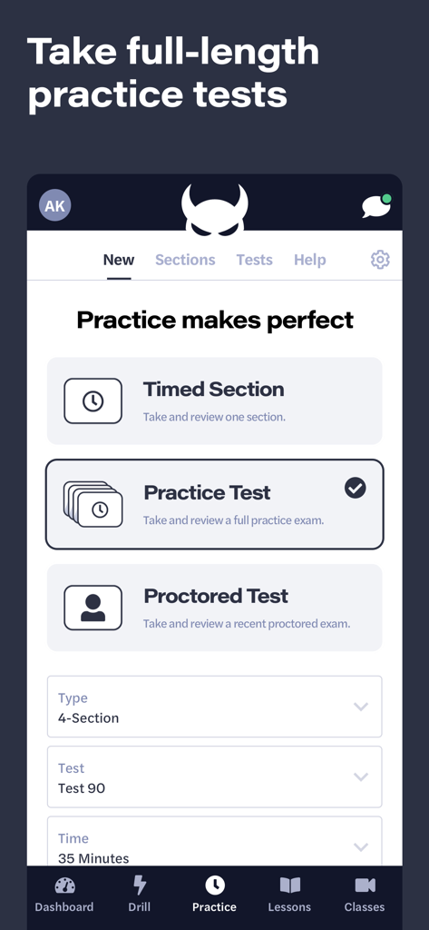LSAT Demon - Interface of the LSAT Demon app showing options for timed sections, full length practice tests, and proctored exams.