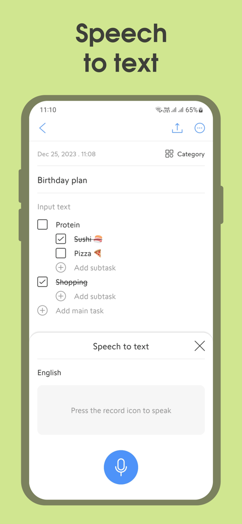 Open Note - Ghi Chú Nhanh - Open Note app speech to text interface with a birthday checklist